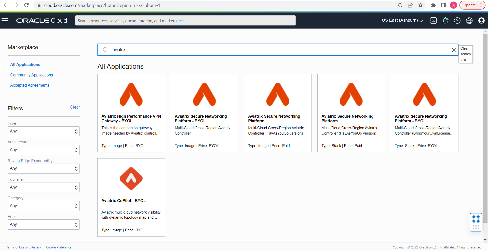 A screenshot of the Aviatrix listing in the Oracle Cloud Marketplace.