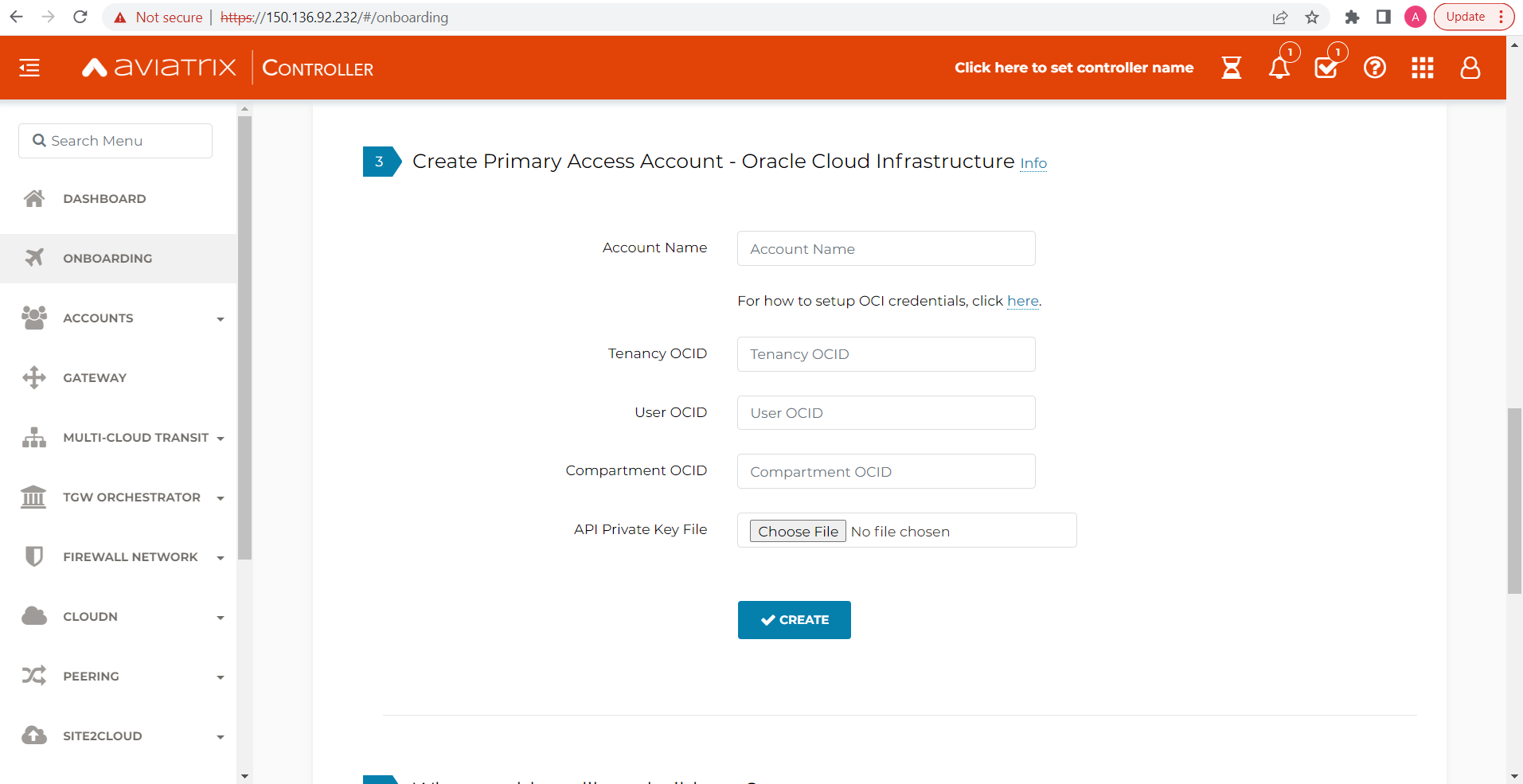 A screenshot of Aviatrix Connector create account screen.
