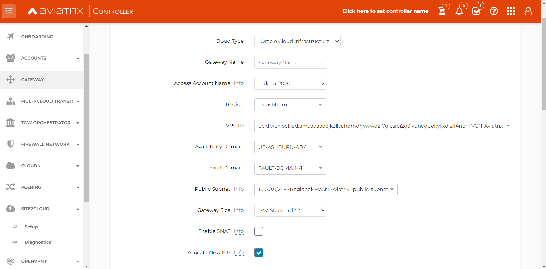 A screenshot of the Aviatrix gateway configuration page with fields selected.