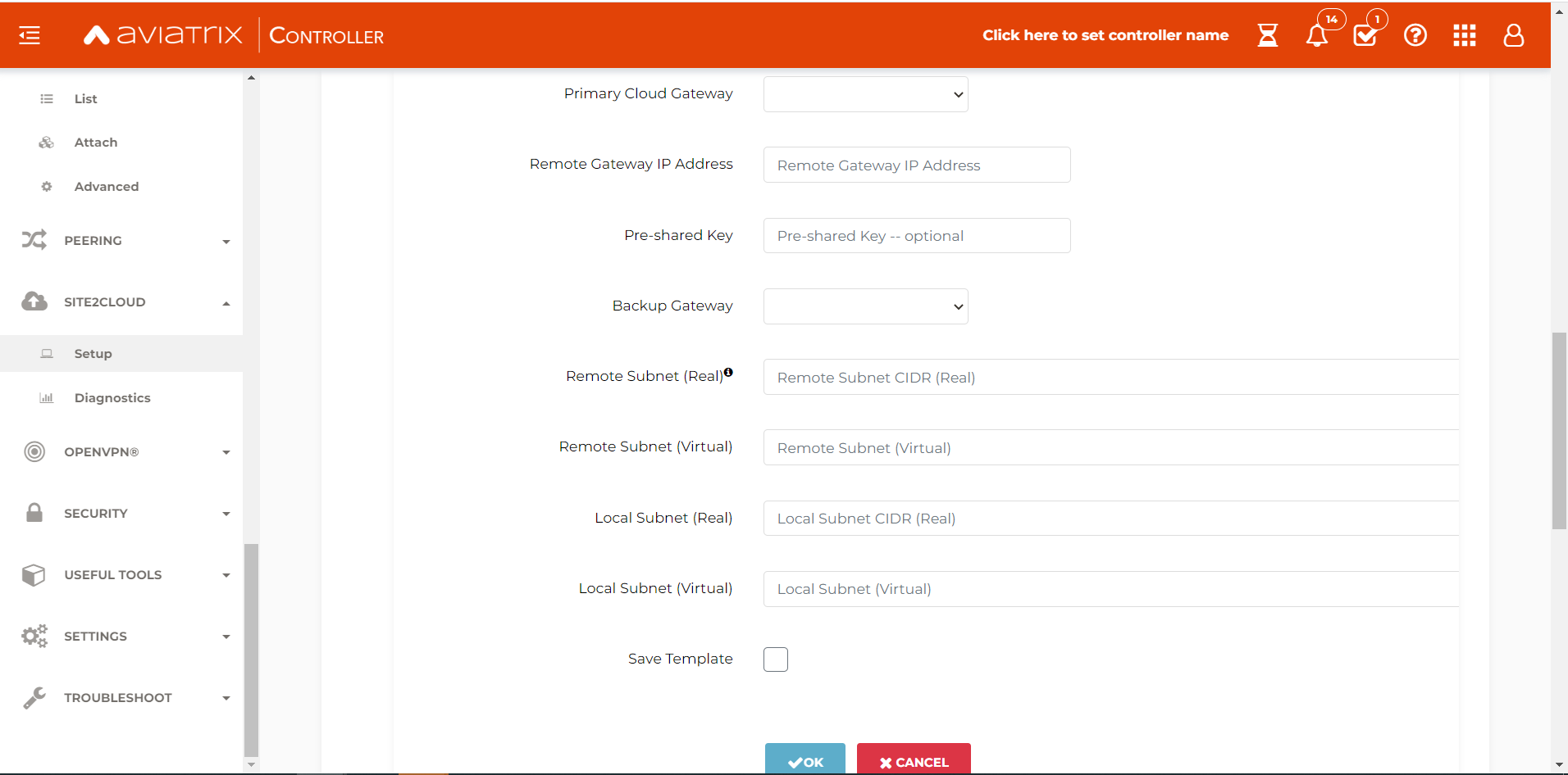 A screenshot of the Aviatrix Site2cloud setup page showing the fields selected.