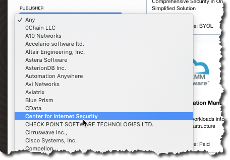 A screenshot of the Publisher list with Center for Internet Security highlighted.