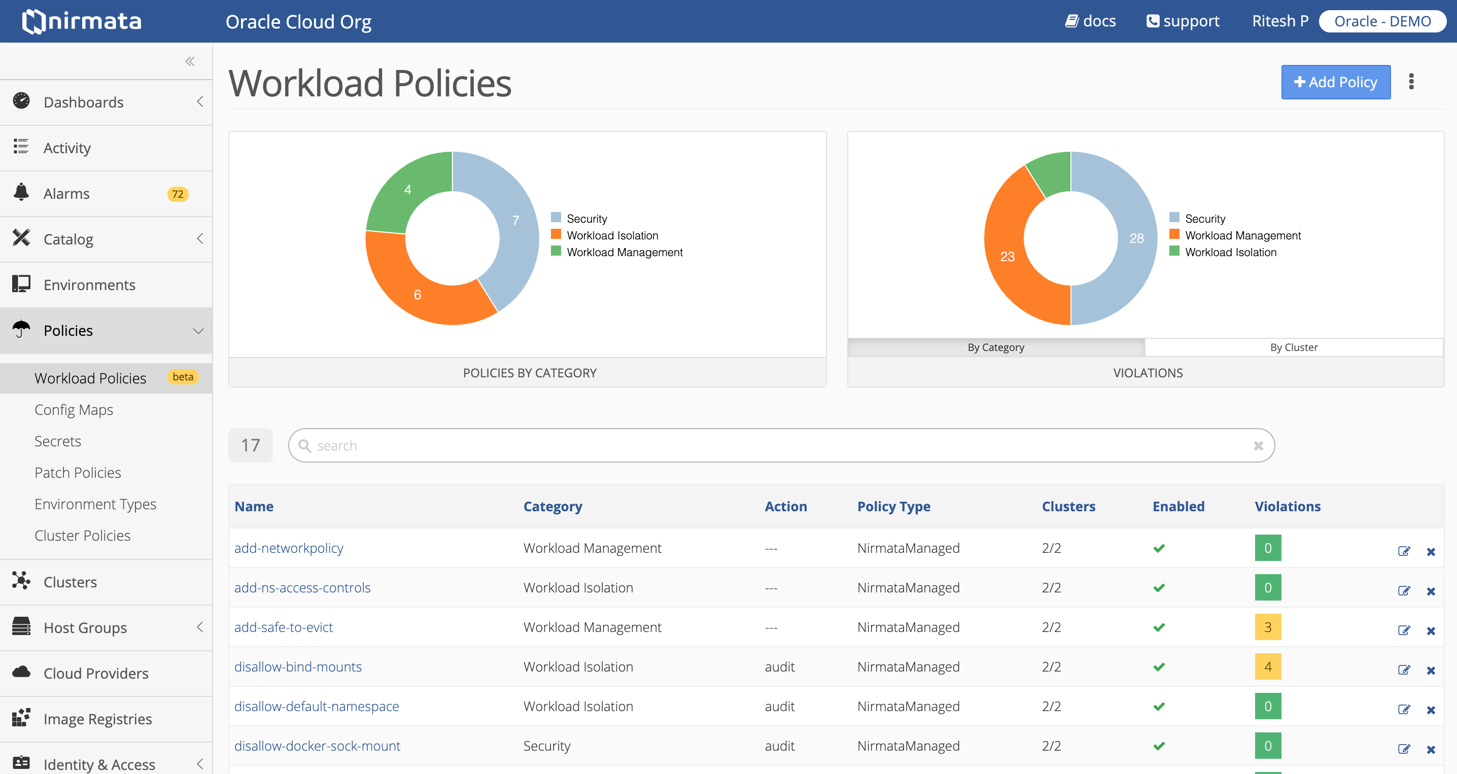 Screenshot that shows workload policies in Nirmata.