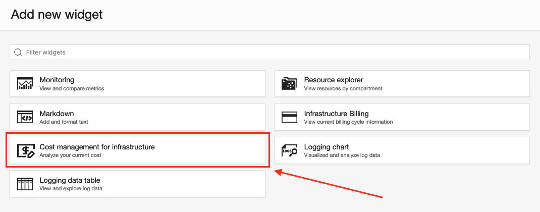 A screenshot of the Add New Widget page with the Cost management for infrastructure option outlined in red with a red arrow pointing to it.