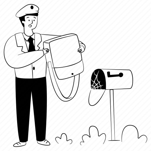 A cartoon of a mail carrier with no letters and a mailbox full of cobwebs.