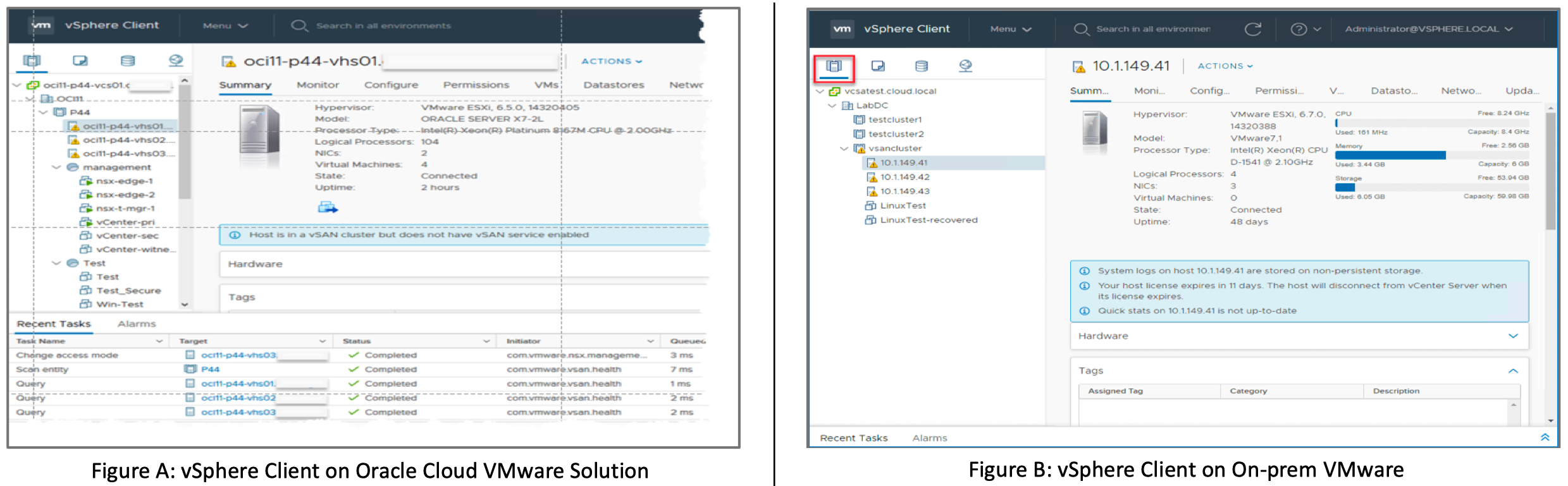 Two screenshots side-by-side that show a vSphere Client interface with a VMware SDDC details page for an on-premises SDDC and an SDDC in Oracle Cloud Infrastructure.