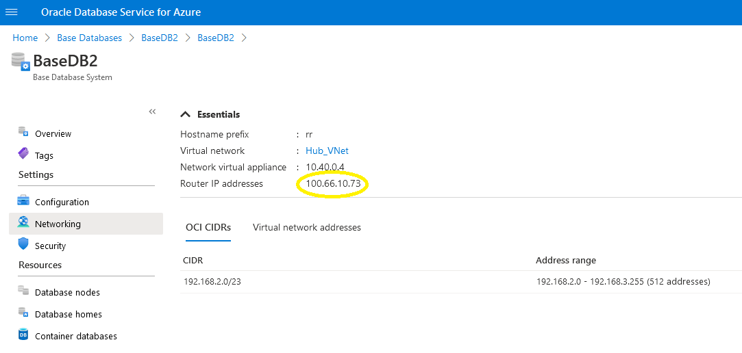 A screenshot of the network details in the OracleDB for Azure console with the router IP address circled in yellow