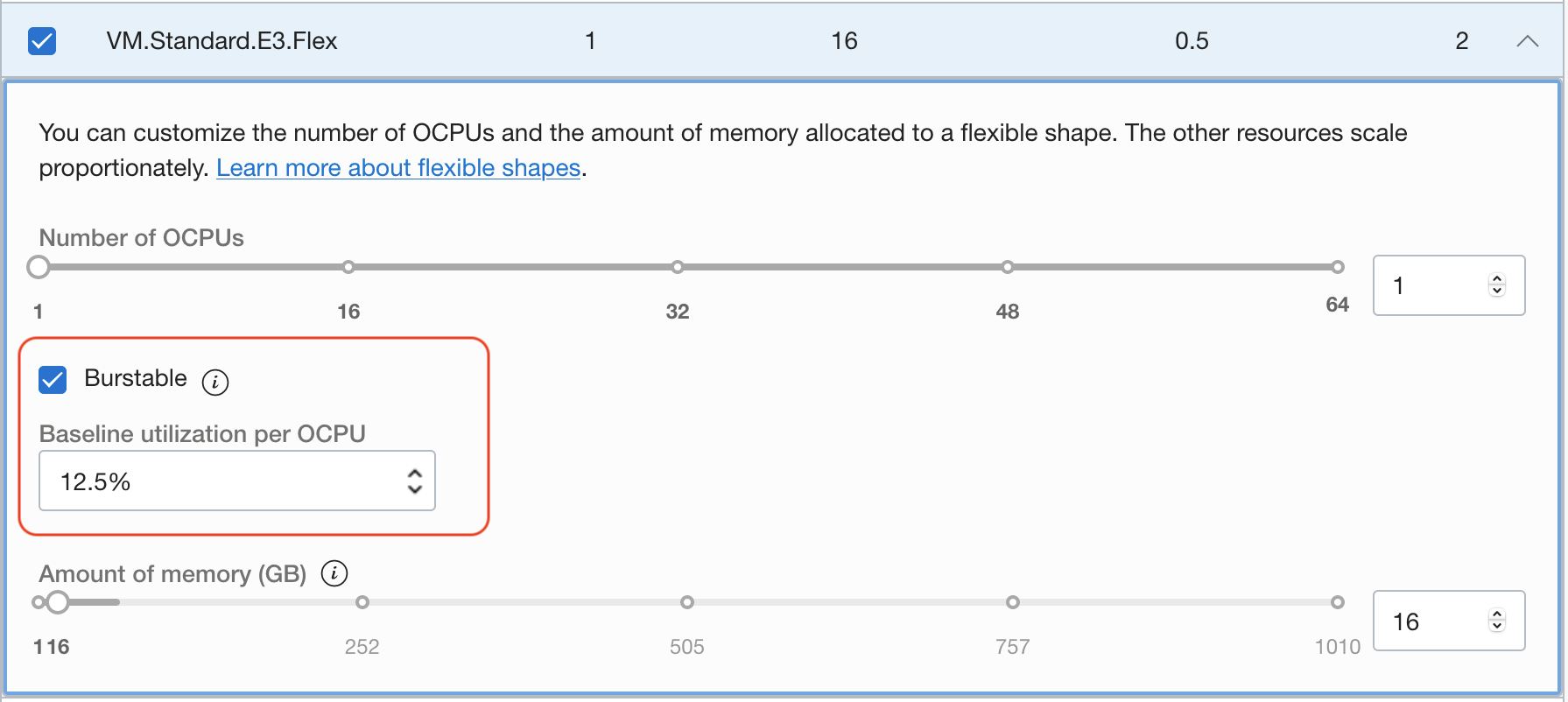 A screenshot of the Burstable option and baseline utilization per OCPU outlined in red in the Console.