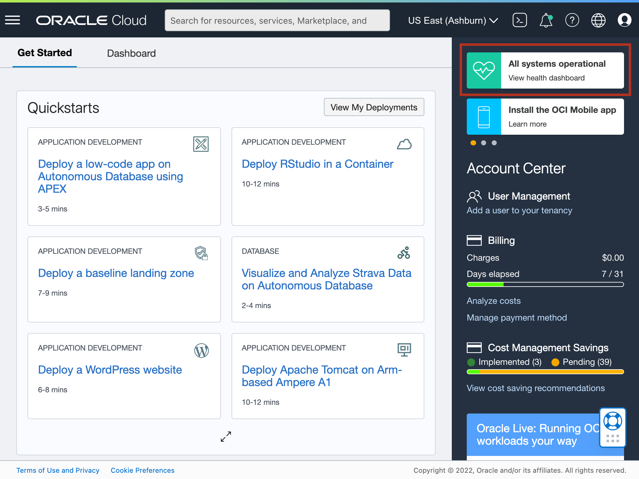 A screenshot of the Oracle Cloud Console Quickstarts screen with the menu expanded and the health dashboard button outlined in red.
