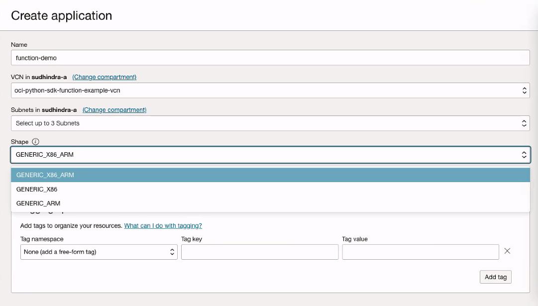 A screenshot of the Create Application screen with the Shape menu expanded and the GENERIC_X86_ARM shape highlighted.