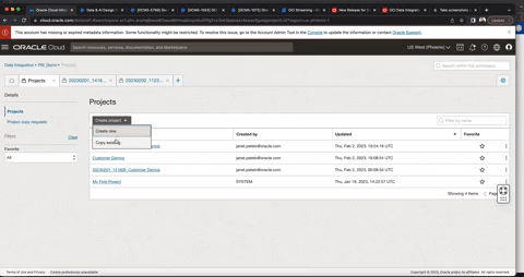 A gif showing the process for copying projects in the Oracle Cloud Console.