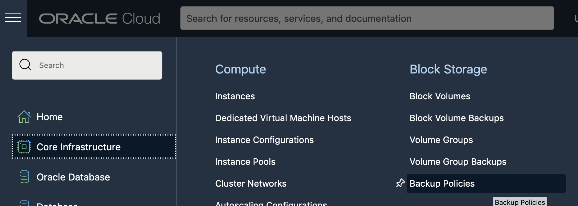 A screenshot of the Oracle Cloud Console Core Infrastructure menu with Backup Policies highlighted under Block Storage.