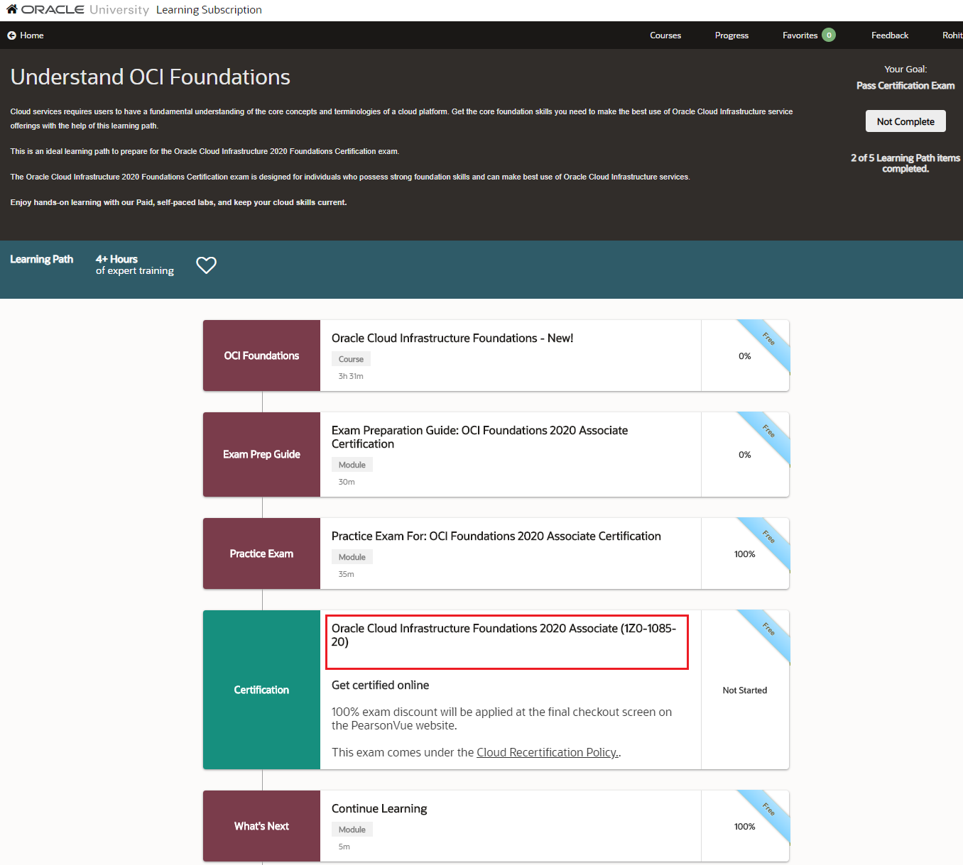 Screenshot that shows the Foundations learning path page, with the Certifications box and link to the exam highlighted.