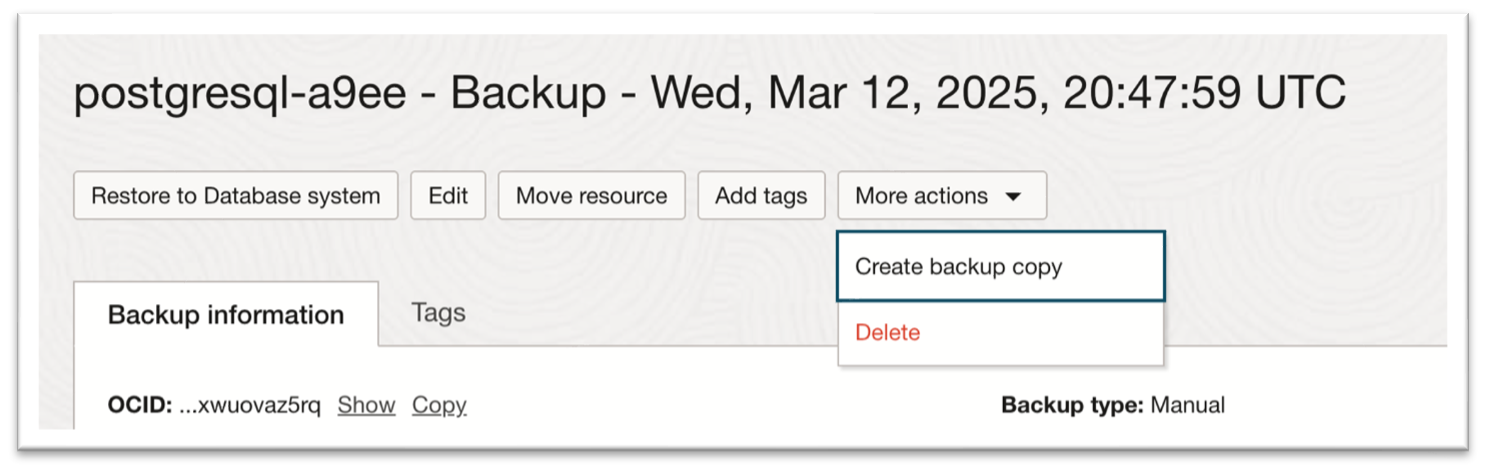 Select "Create backup copy" from the console