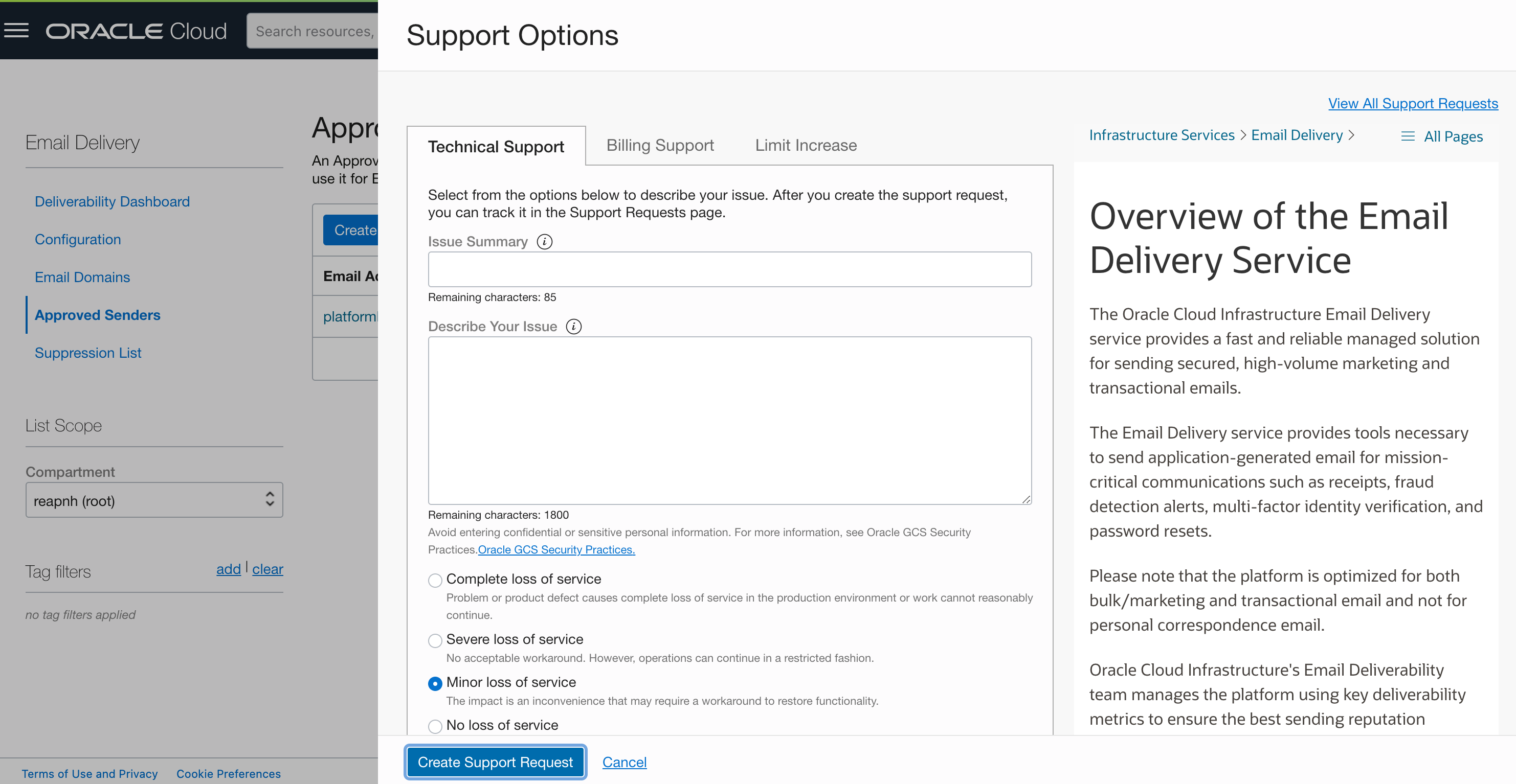 Create support request screenshot