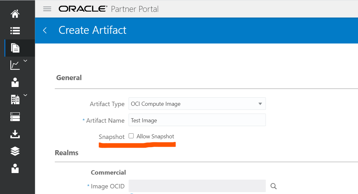 A screenshot of the Create Artifact page with the option to allow snapshots underlined in red.
