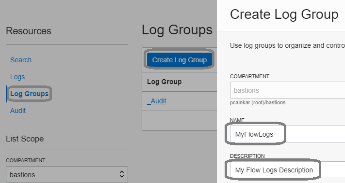 A screenshot of the Create Log Group window with the name and description outlined in gray