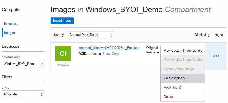 Image Import Create OCI Instance