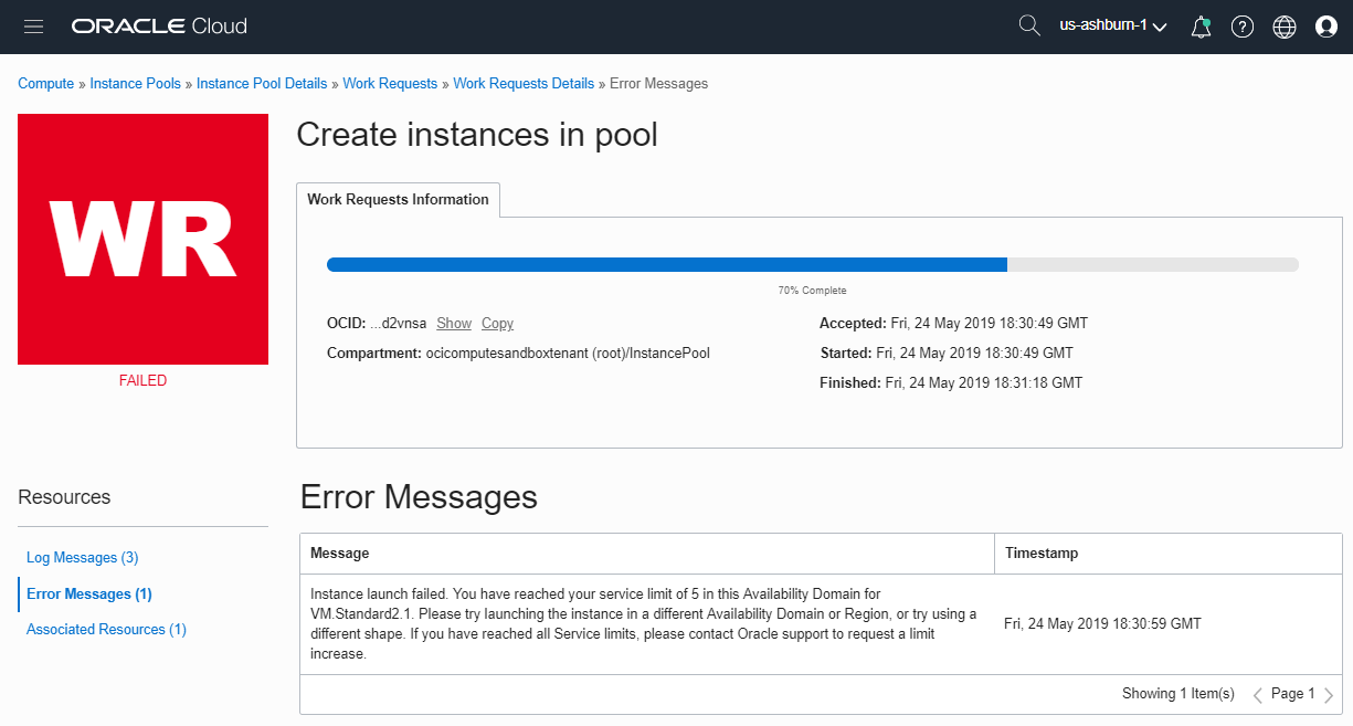 Oracle Cloud Infrastructure Create Instance Pool Errors