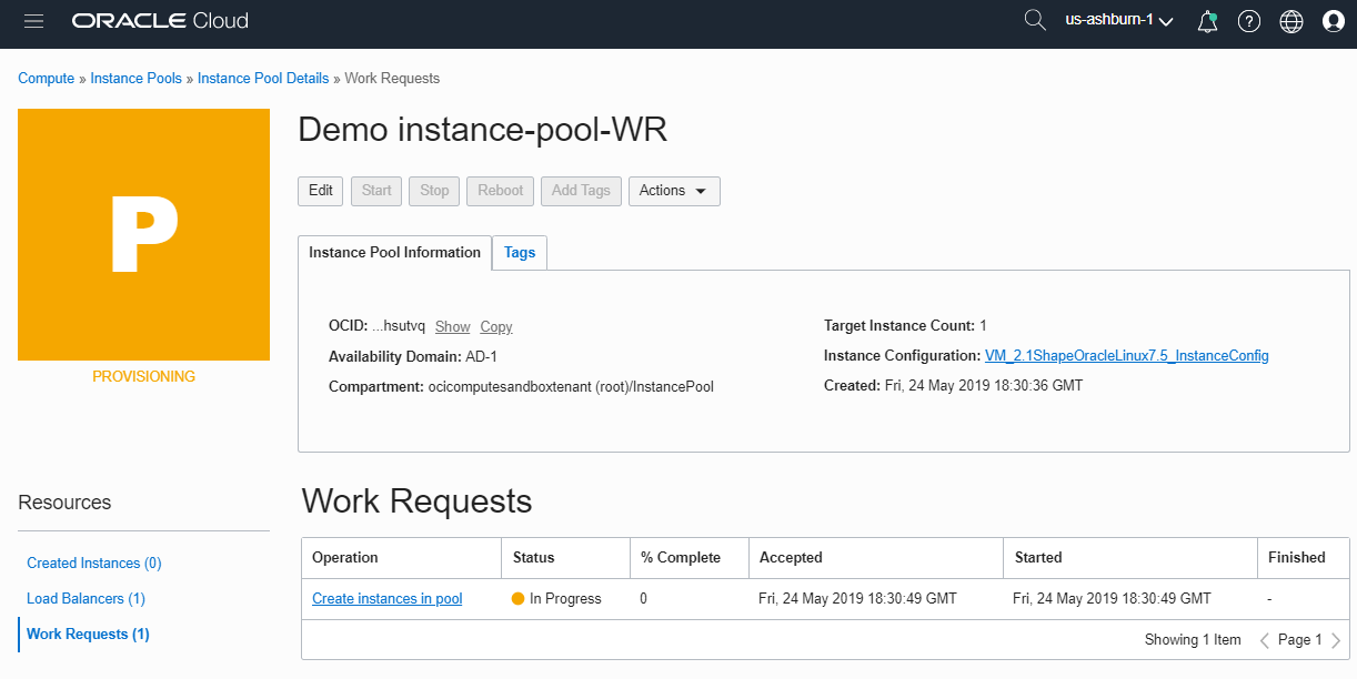 Oracle Cloud Infrastructure Create Instance Pool Work Request