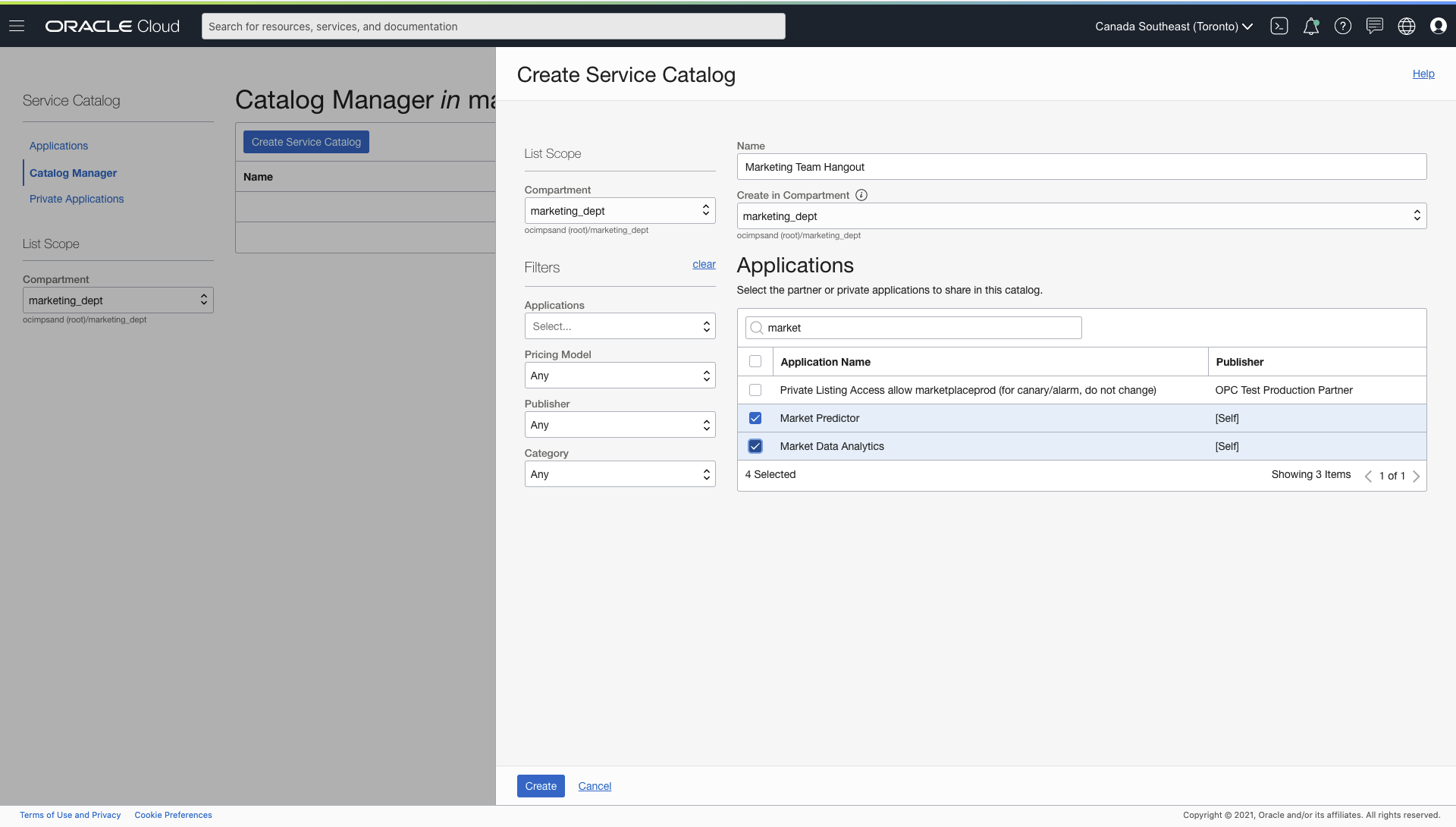 A screenshot of the Create Service Catalog window in the OCI Console.