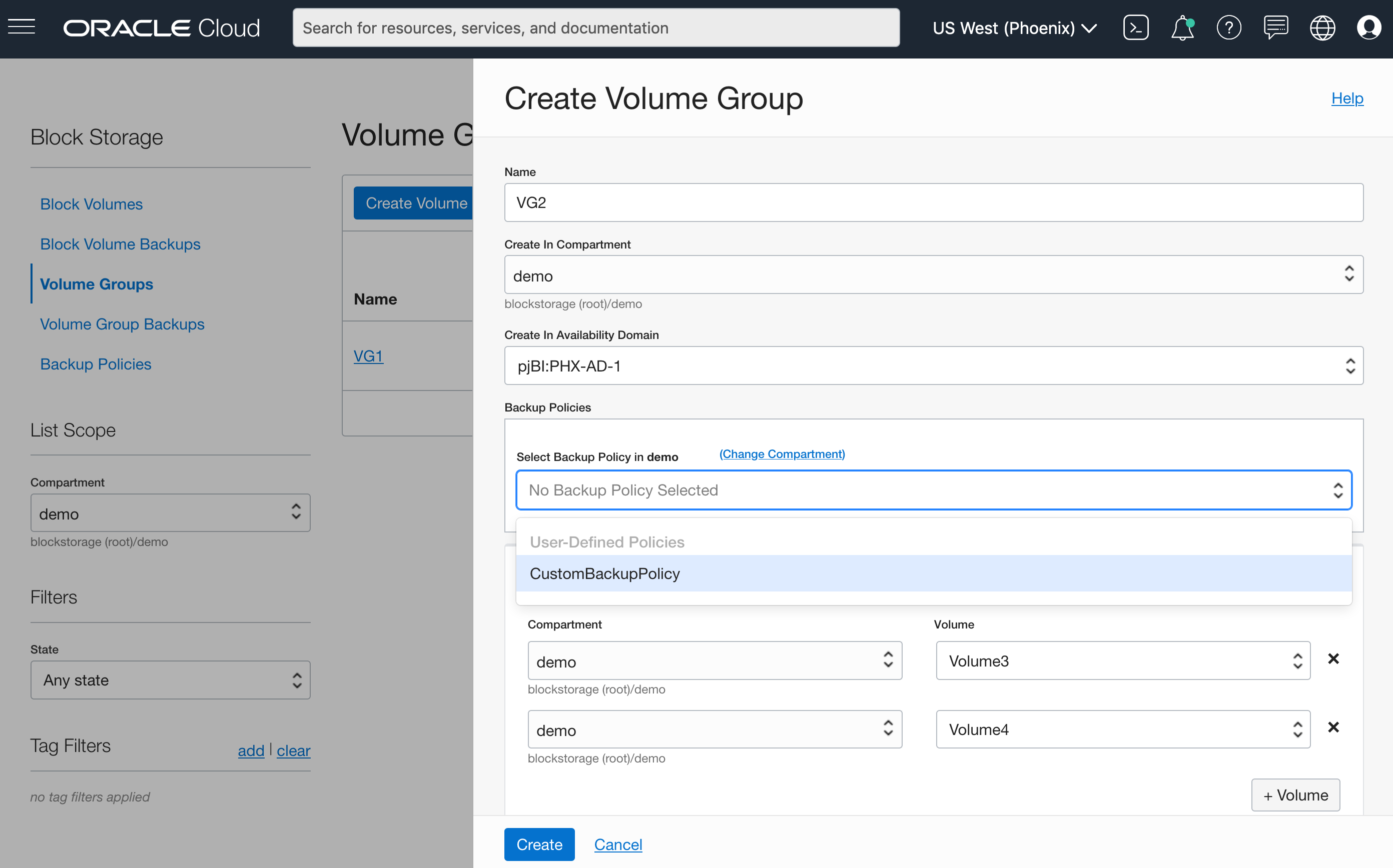 A screenshot of the Create Volume Group window in the Console, with the Select Backup Policy menu highlighted.