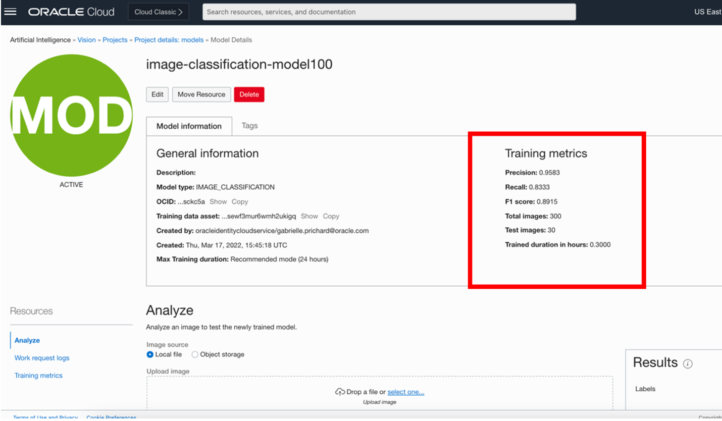 A screenshot of the Model Details page in the Console, showing the general information for a custom image classification model