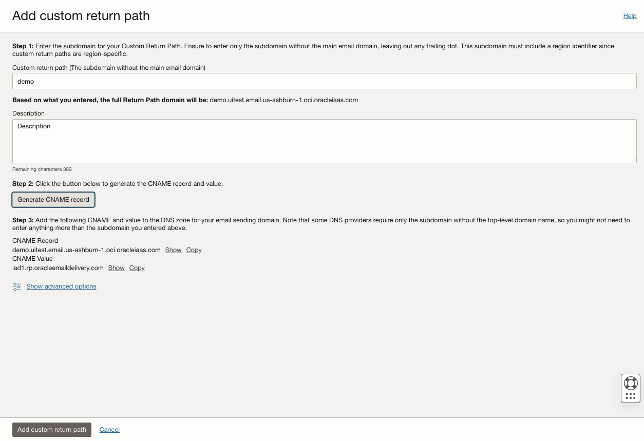 Adding a custom return path in the Oracle Cloud Console