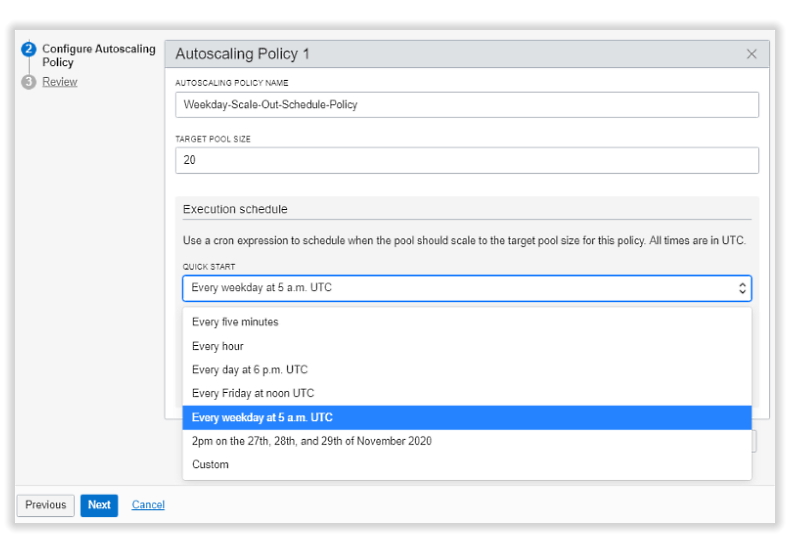 A screenshot of the Autoscaling Policy screen, where you can set when or how often autoscaling occurs.