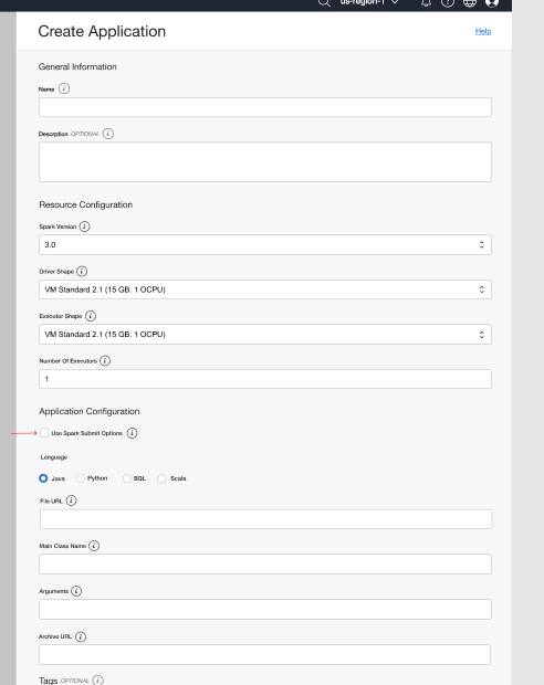 A screenshot of the Create Application page in the Console with a red arrow pointing to the check box for Use Spark Submit Options.