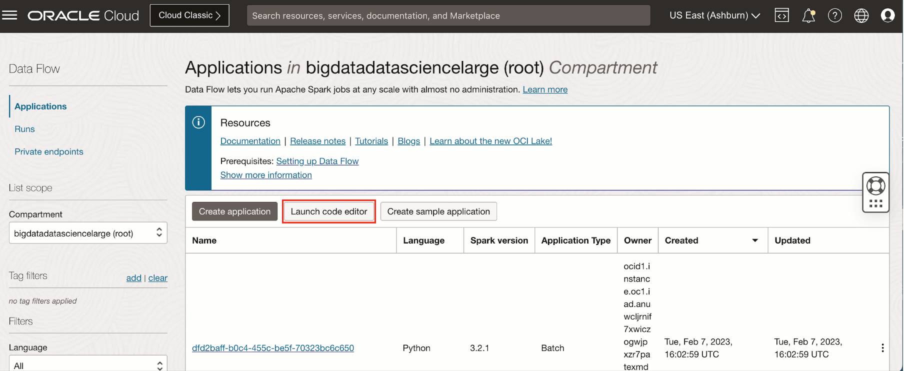 A screenshot of the Applications tab in the Data Flow section of the Console with the Launch code editor button outlined in red.