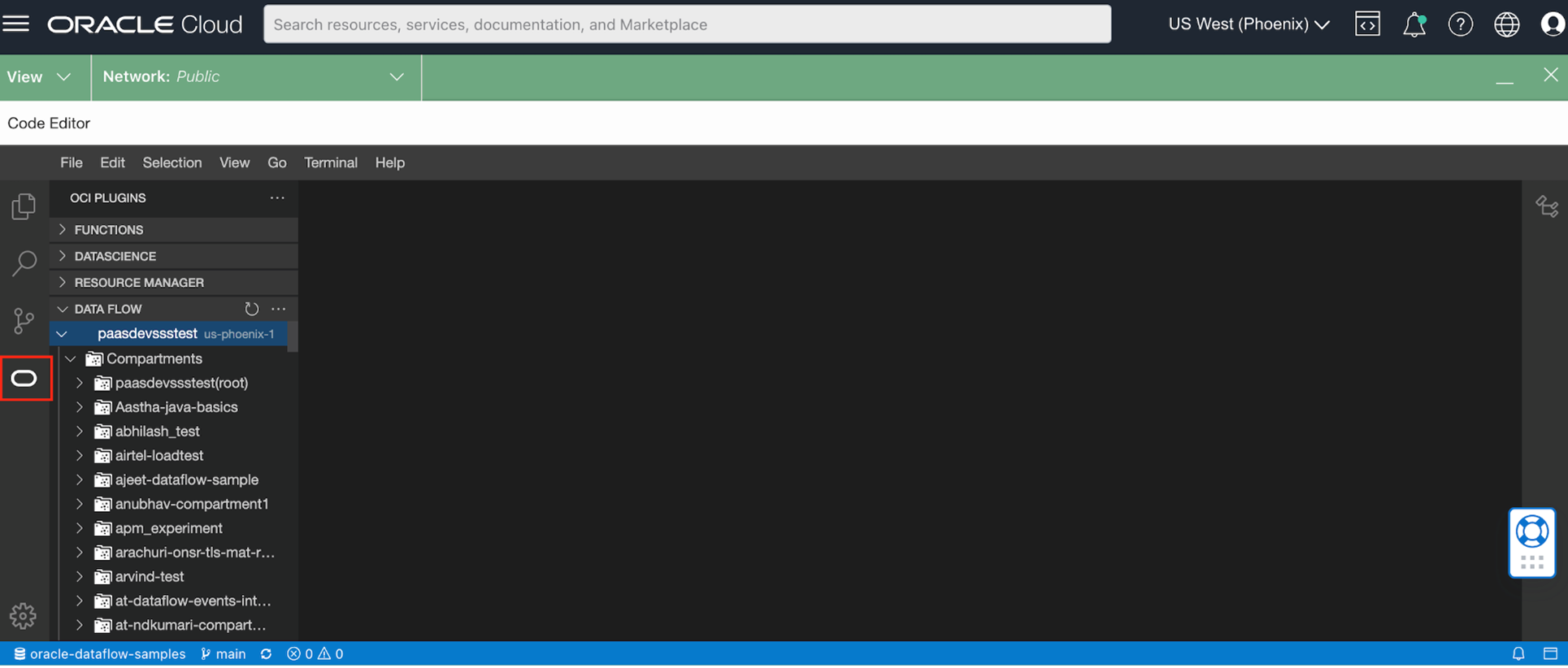 A screenshot of the Code Editor window with the Oracle logo button outlined in red.