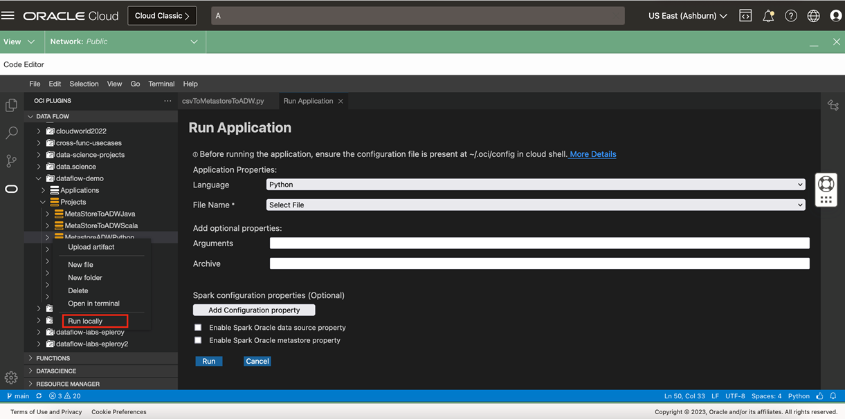 A screenshot of the Run Application screen with the Run Locally link outlined in red.