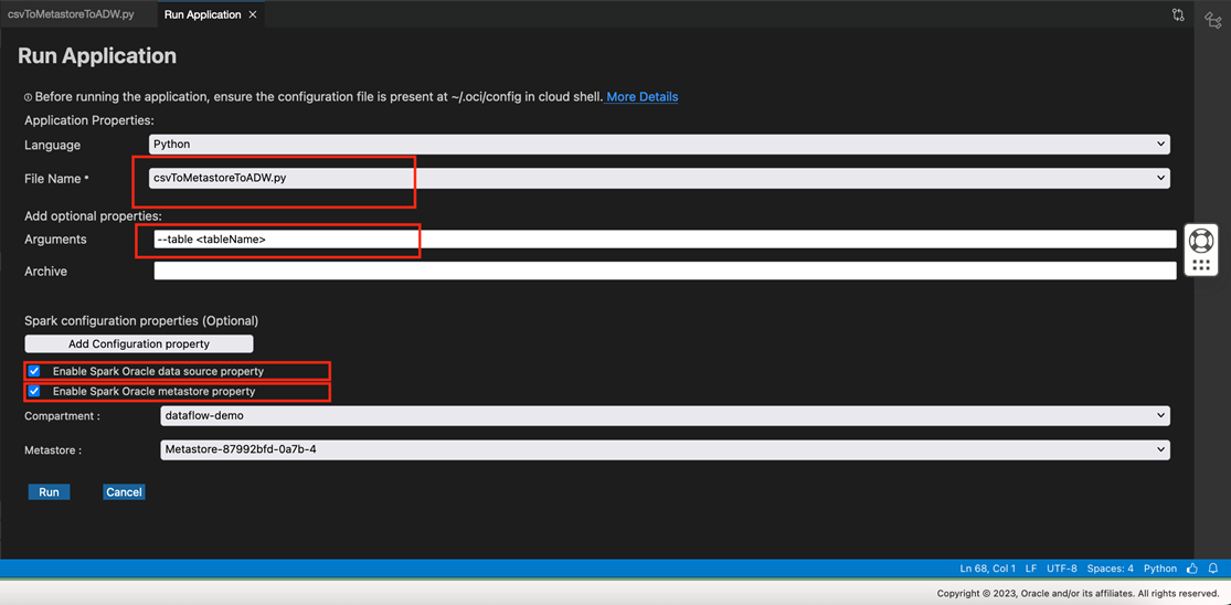 A screenshot of the Run Application screen with the selected parameters filled in and outlined in red.