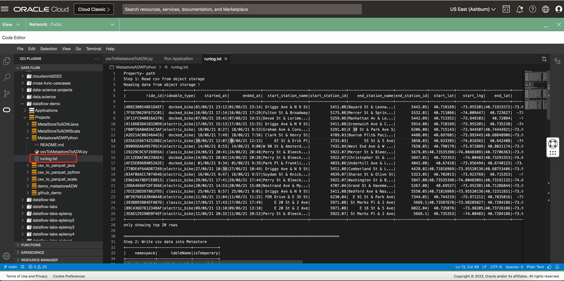 A screenshot of the Code Editor screen showing the runlog.txt file with the file name in the menu outlined in red.