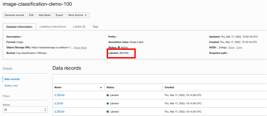 A screenshot of the Data Labeling dataset in the Oracle Cloud Console with the labeled section outlined in red.