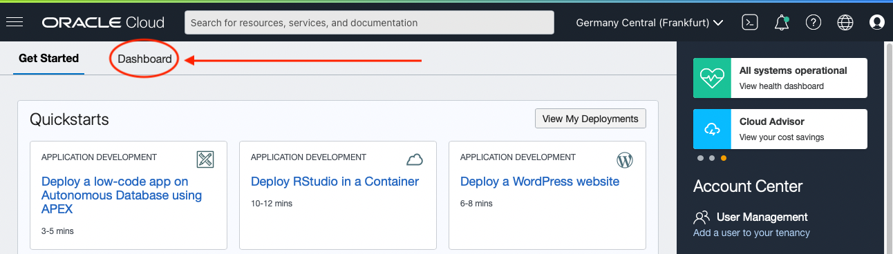 A screenshot of the Oracle Cloud Console with the Dashboard tab circled in red with a red arrow pointing to it.
