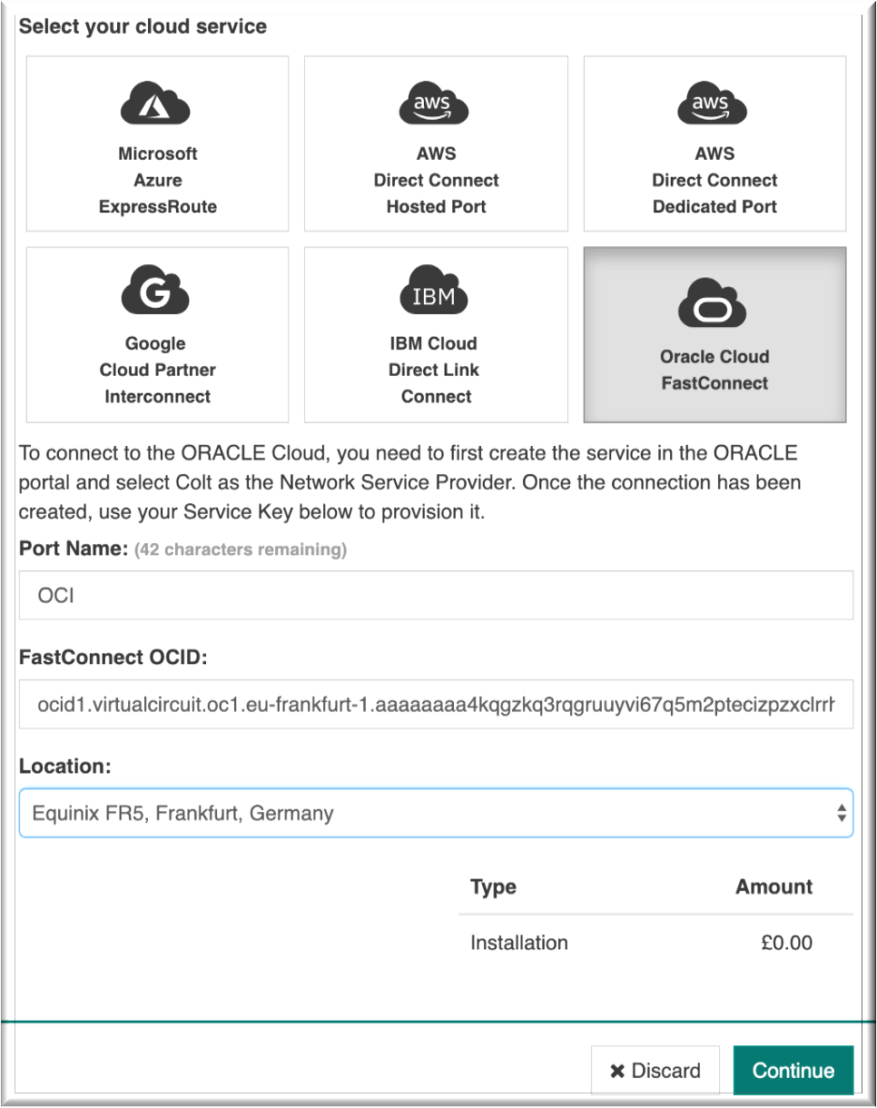 Screenshot that shows the Select Service page.