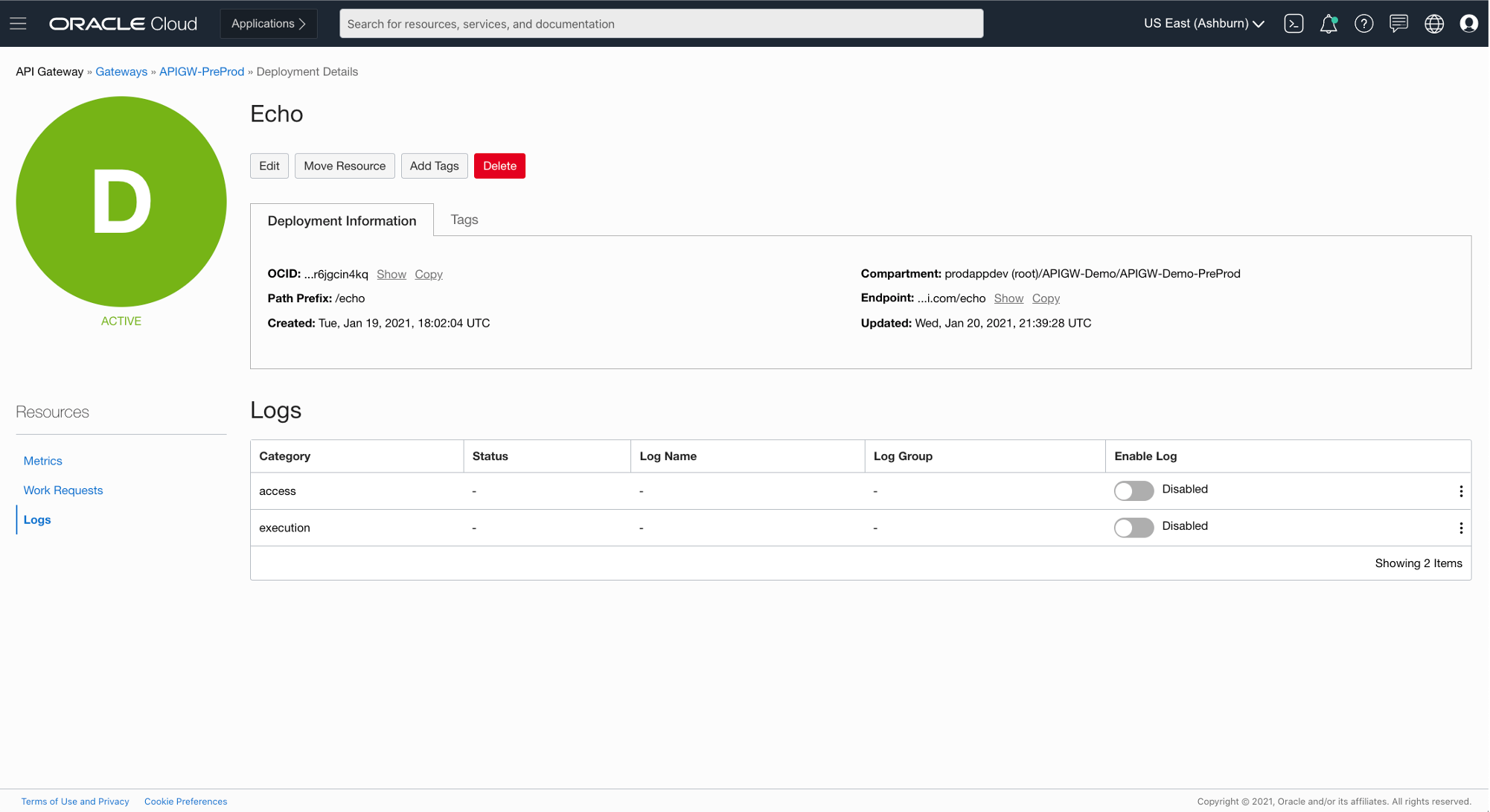 A screenshot of the Deployment Details page for Echo, showing the logs.