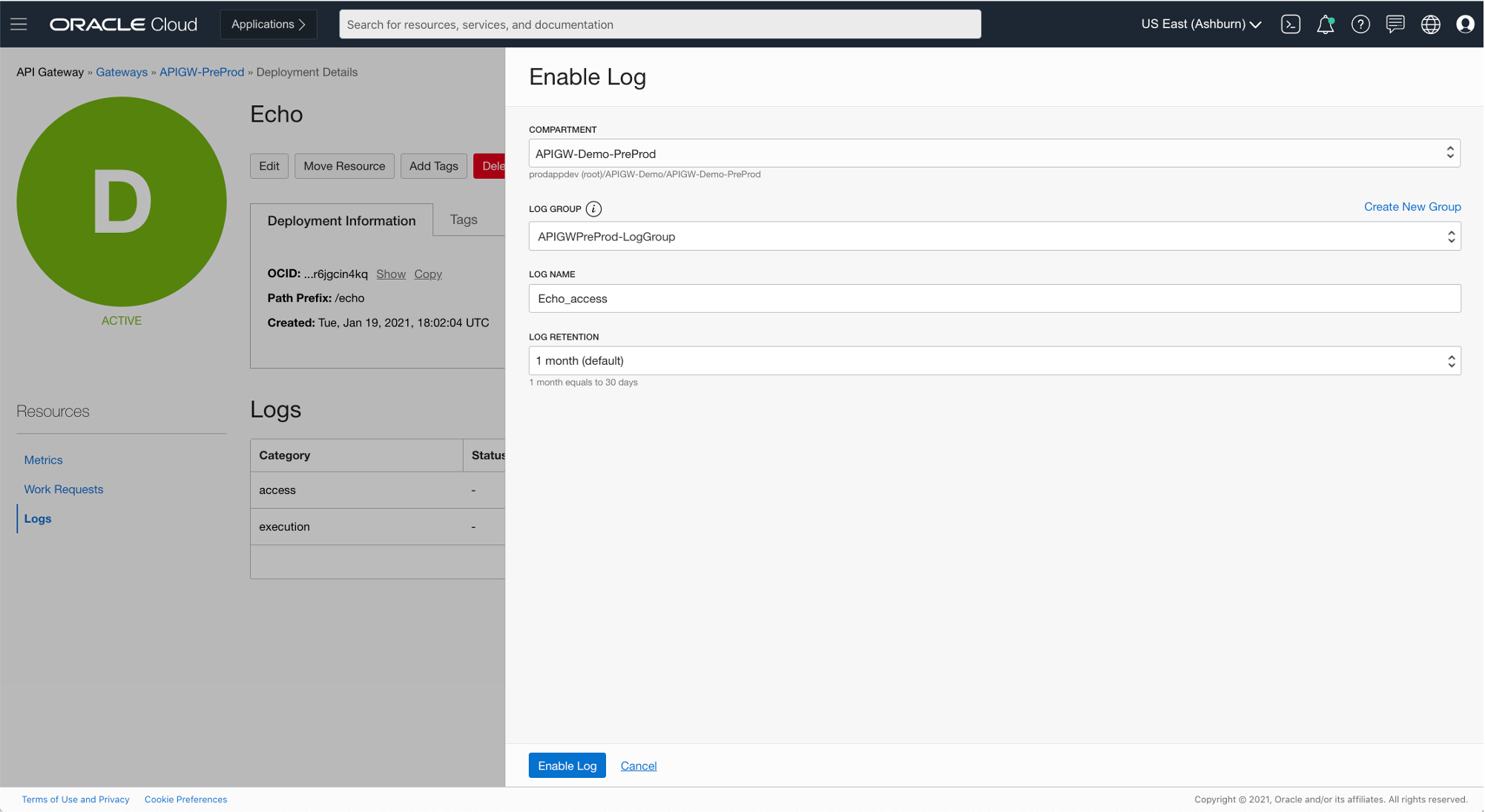 A screenshot of the Enable Log window in the Console.