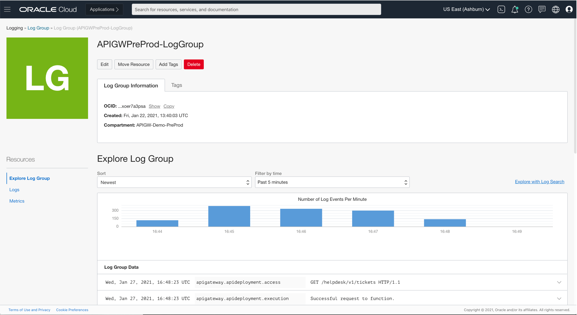 A screenshot of the Log Group screen showing the API Gateway log records. 