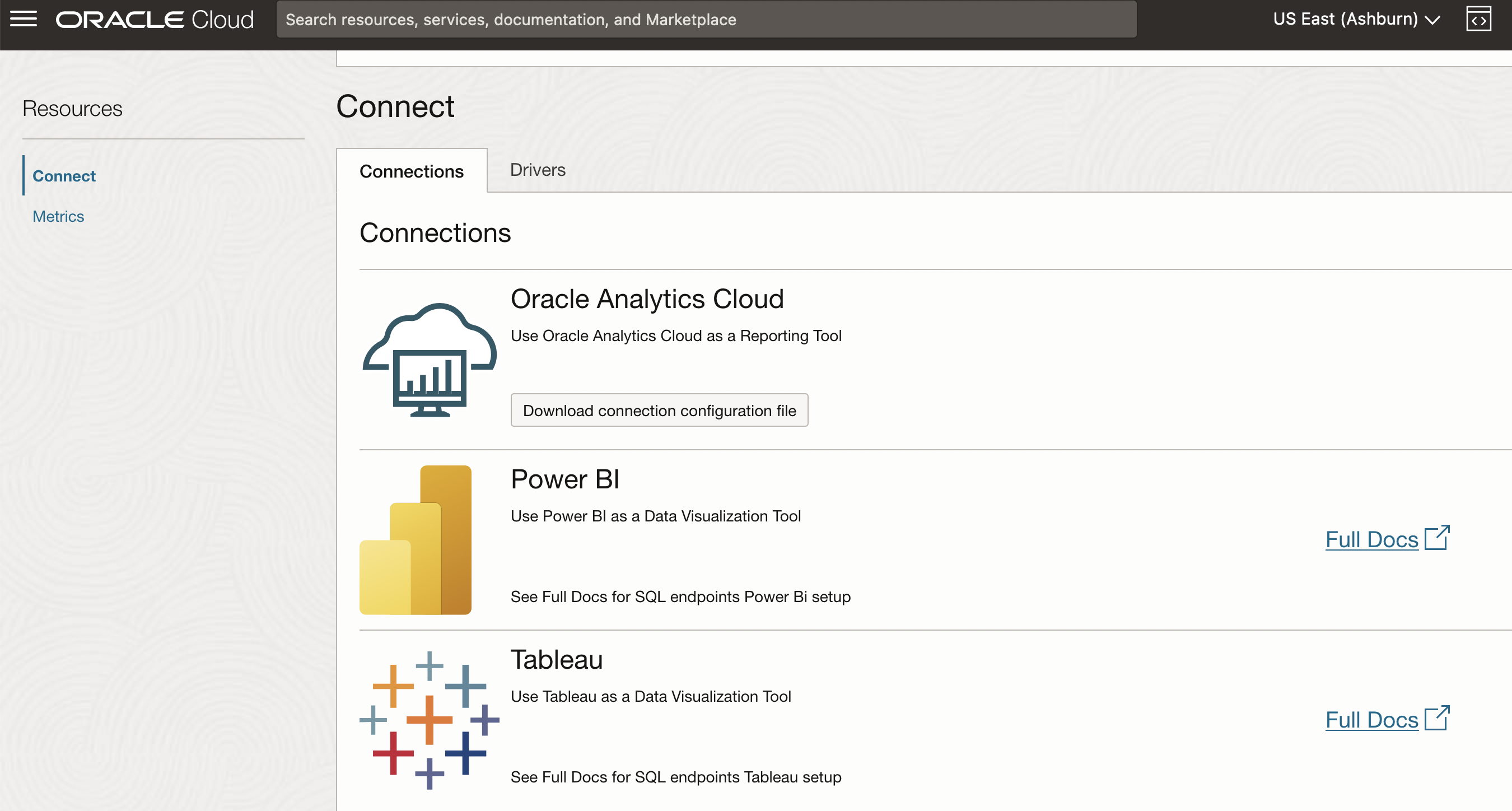 A screenshot of the Connect page showing the Data Flow BI tools available for integration.
