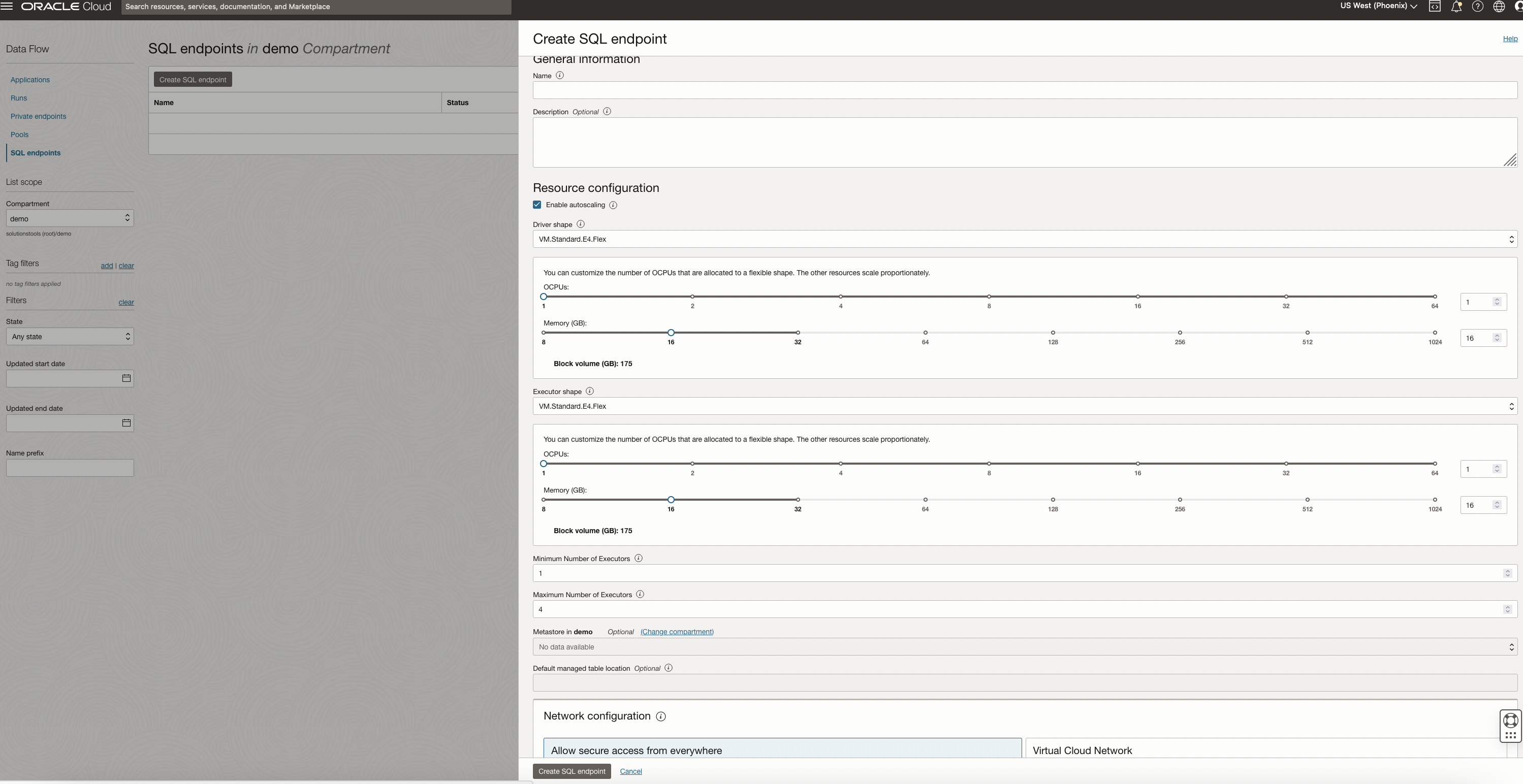 A screenshot of the Create SQL endpoint window with the fields filled out.