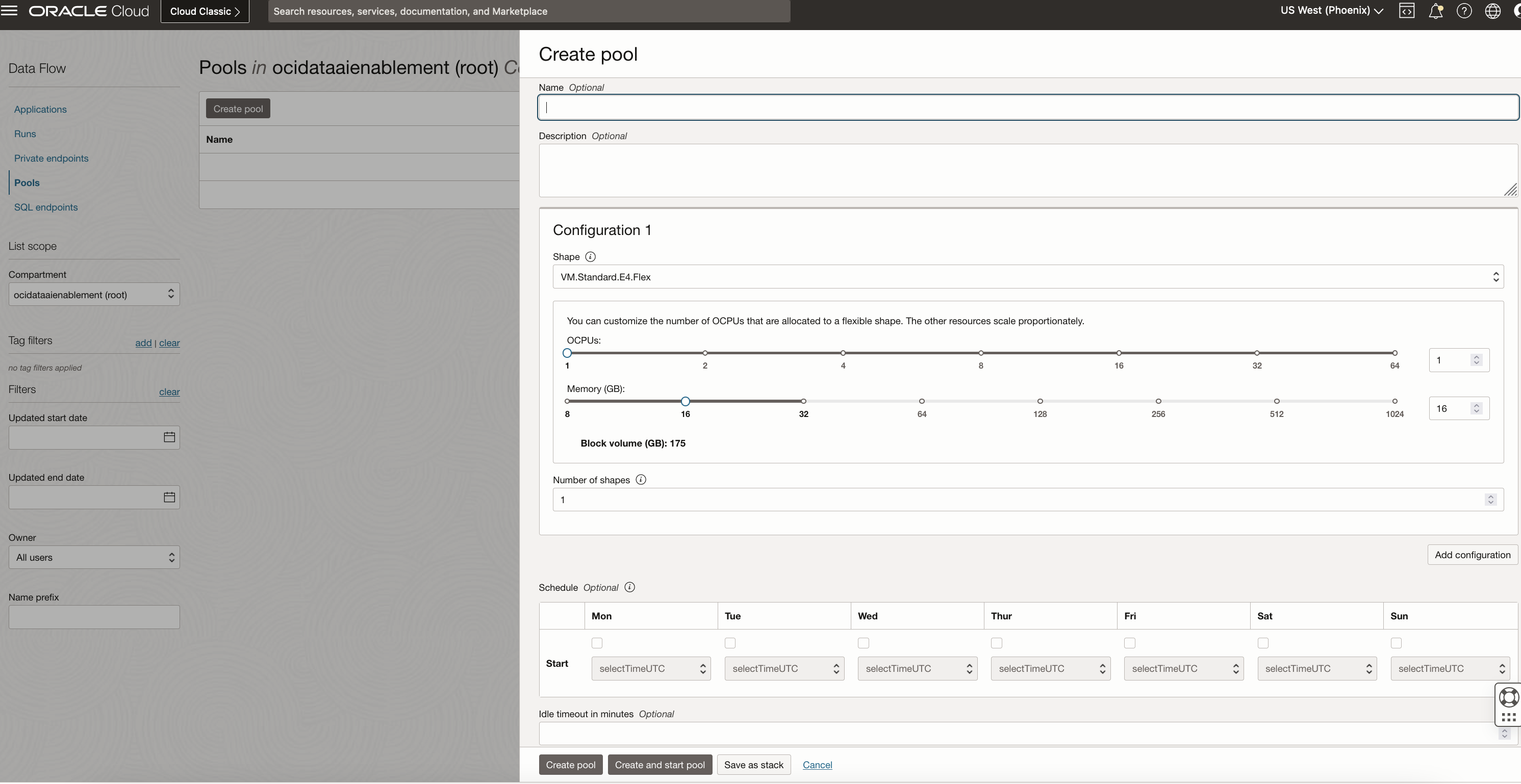 A screenshot of the Data Flow pool creation window.