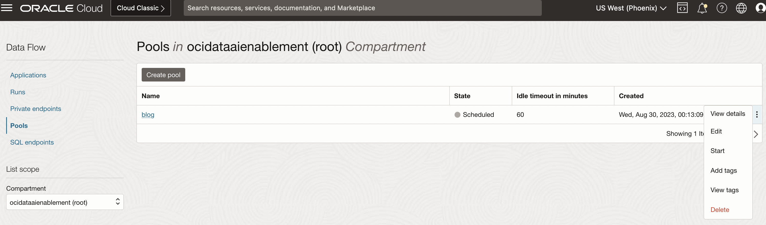 A screenshot of the schedules Data Flow pool in the Oracle Cloud Console.