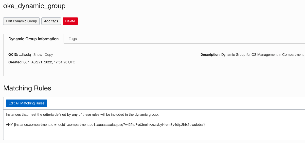 A screenshot of the Dynamic Group Information tab showing the matching rules.
