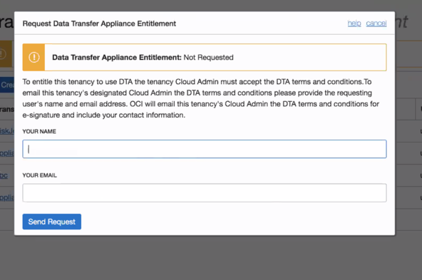 Screenshot showing a request for Data Transfer Appliance Entitlement.