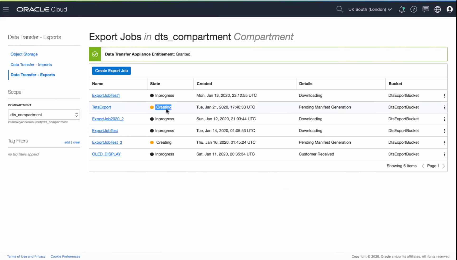 Screenshot that shows a list of export jobs on the the Data Transfer Exports page of the console.