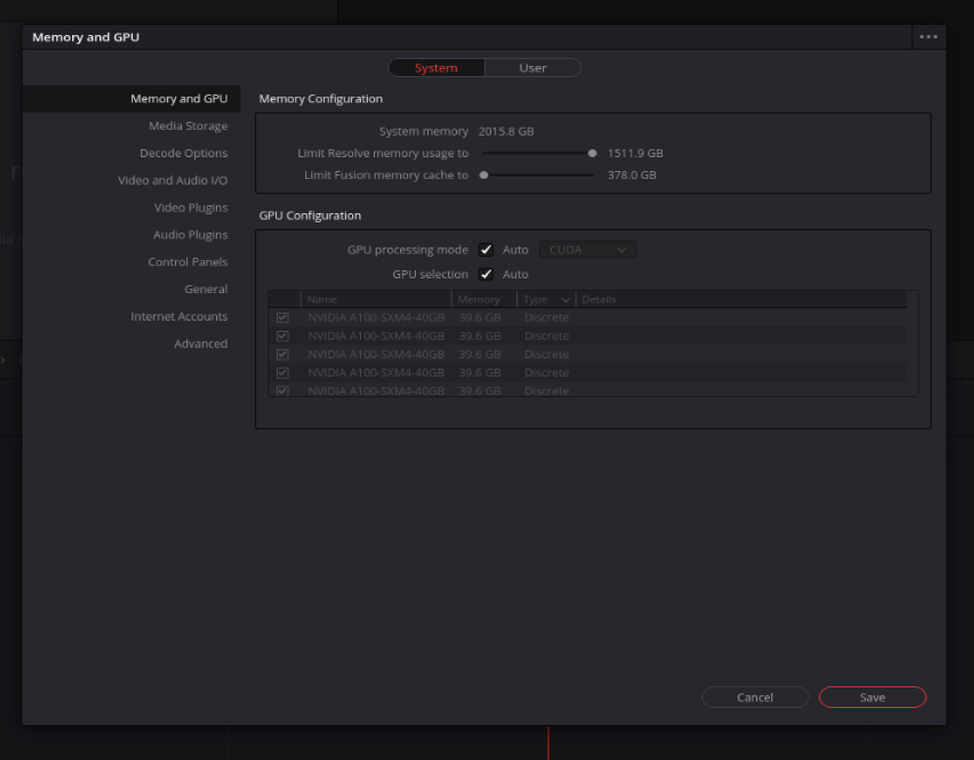 A screenshot of the Memory and GPU window in DaVinci Resolve Studio 17.