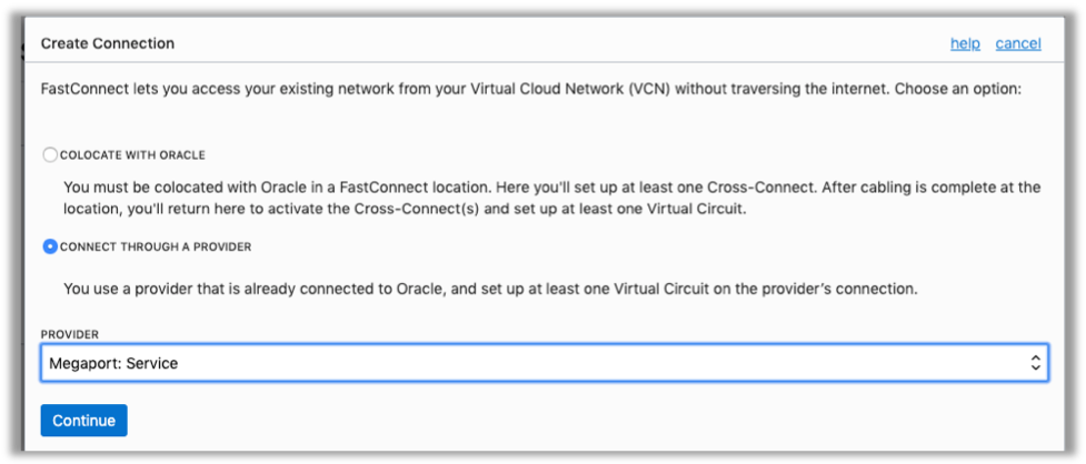 Screenshot showing the Create Connection dialog box, with Megaport Service selected.