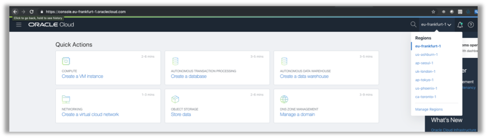Screenshot showing region list and quick actions.